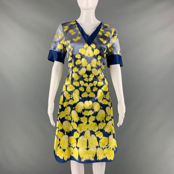 PRABAL GURUNG Size 10 Blue Yellow Cotton Silk Print A-Line Dress - Picture 1 of 6